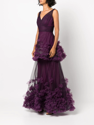 Shop Marchesa Notte Floral-appliqué Tiered Gown In Purple