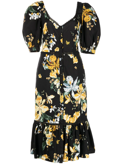 Shop Marchesa Notte Floral-print Puff-sleeve Midi Dress In Multicolour