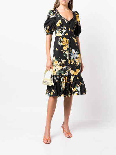 Shop Marchesa Notte Floral-print Puff-sleeve Midi Dress In Multicolour
