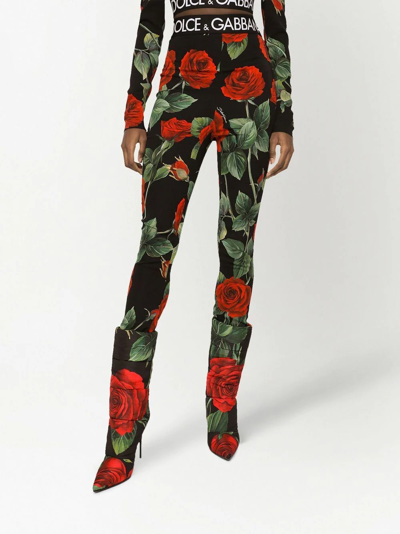 Shop Dolce & Gabbana Rose-print Charmeuse Leggings In Black