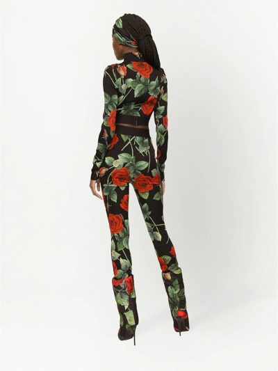 Shop Dolce & Gabbana Rose-print Charmeuse Leggings In Black