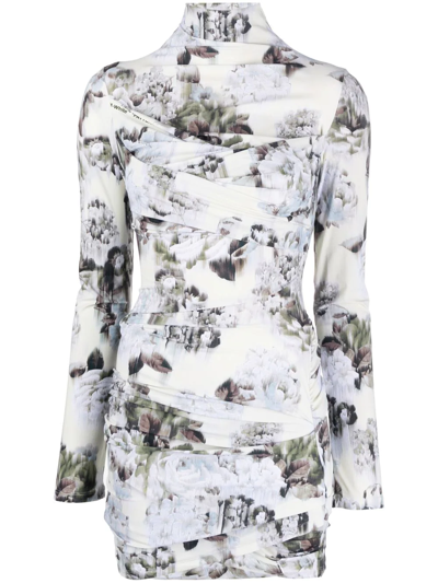Shop Off-white Floral-print Bodycon Dress In Grau