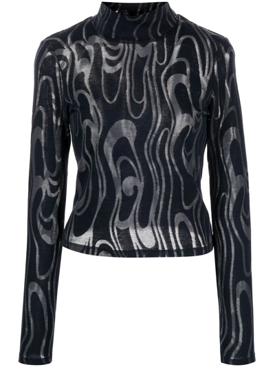 Eckhaus Latta Shrunk Wave Jacquard Mesh Turtleneck Top In Blue