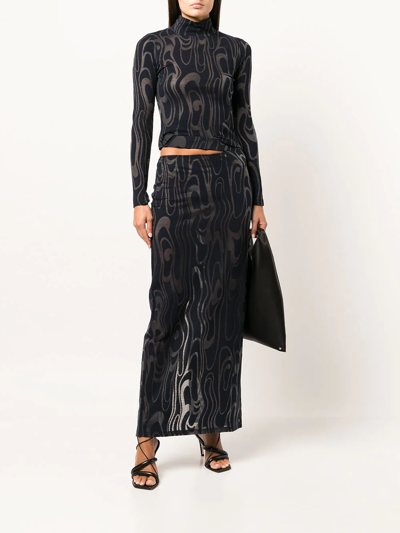 Eckhaus Latta Shrunk Wave Jacquard Mesh Turtleneck Top In Blue