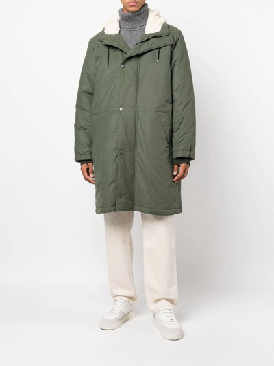 Shop Apc Hooded Mid-length Parka In Green