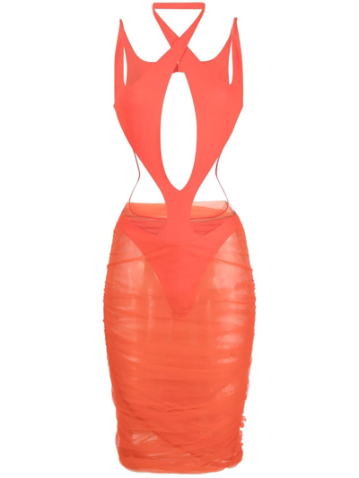 Shop Mugler Halterneck Cut-out Midi Dress In Rot