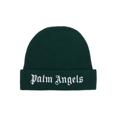 Shop Palm Angels Kids Logo-embroidered Ribbed-knit Beanie In Green
