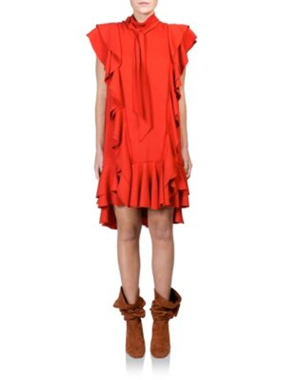 Lanvin Ruffled Mock-neck Raw-edge Dress, Red