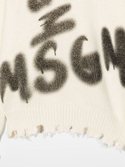 Msgm Distressed-hem Logo-print Jumper In Nude