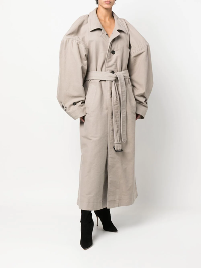 Belted Puff-sleeve Trench Coat In Beige