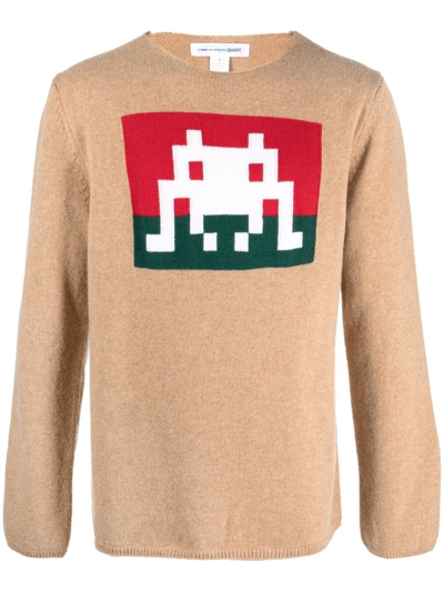 Shop Comme Des Garçons Shirt Space Invaders Graphic-knit Jumper In Neutrals