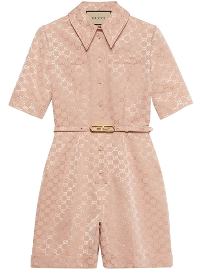 Shop Gucci Gg Supreme Belted Playsuit In Nude