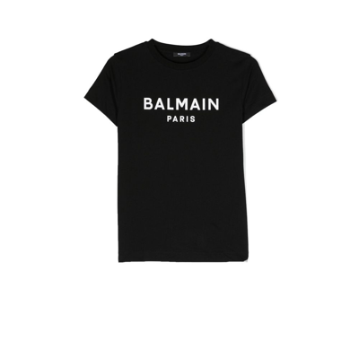 Shop Balmain Teen Black Logo Print Cotton T-shirt