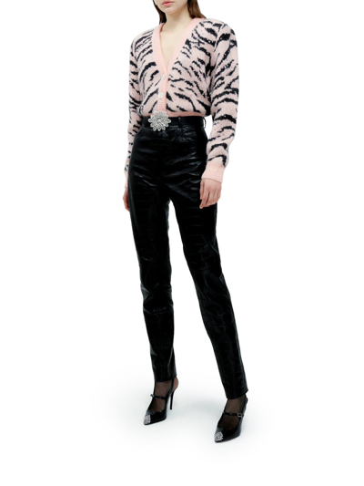 Shop Alessandra Rich Zebra Pattern Knitted Cardigan With Hotfix In Pink & Purple