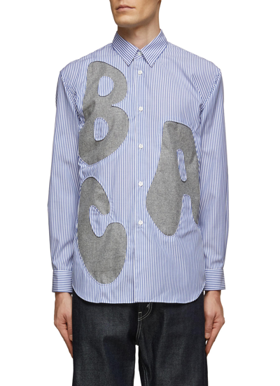 Shop Comme Des Garçons Shirt Alphabet Wool Patch Detail Cotton Poplin Striped Button Up Shirt In Blue