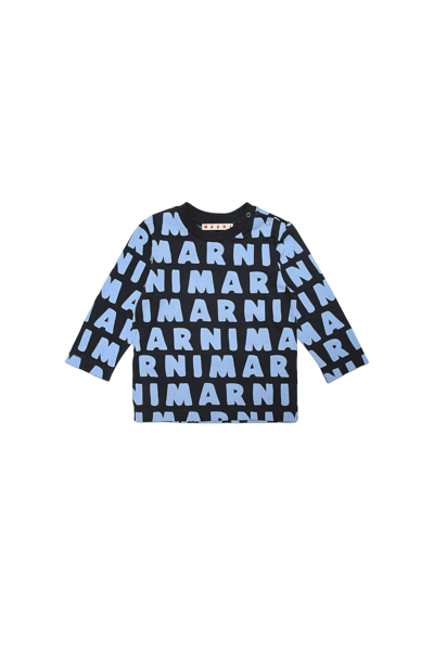 Shop Marni Navy Blue T-shirt With All-over Maxi Logo
