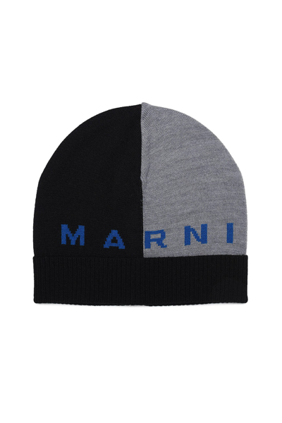 Shop Marni Berretto Beanie Bicolore Nero E Grigio In Misto Lana