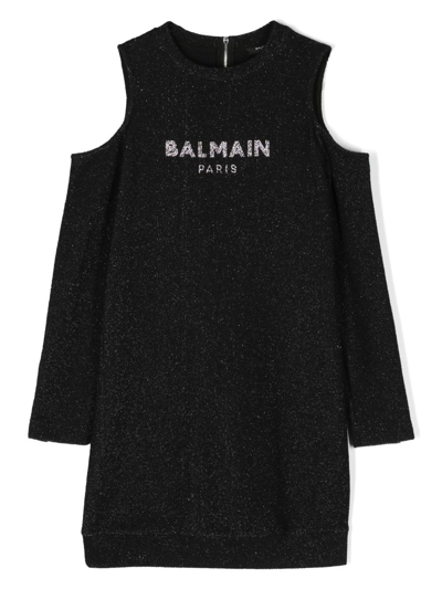 Shop Balmain Logo-print Cold-shoulder Dress In Black