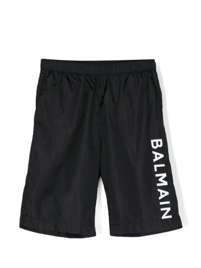 Shop Balmain Teen Logo-print Swim Shorts In Black