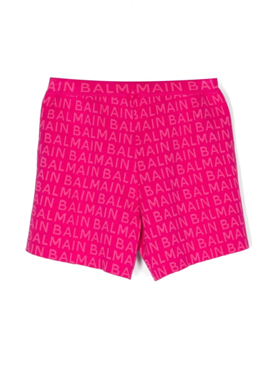 Balmain Kids Fuchsia Shorts With All-over Logo In Pink