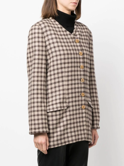 Pre-owned Giorgio Armani 1980s Houndstooth V-neck Blazer In Brown