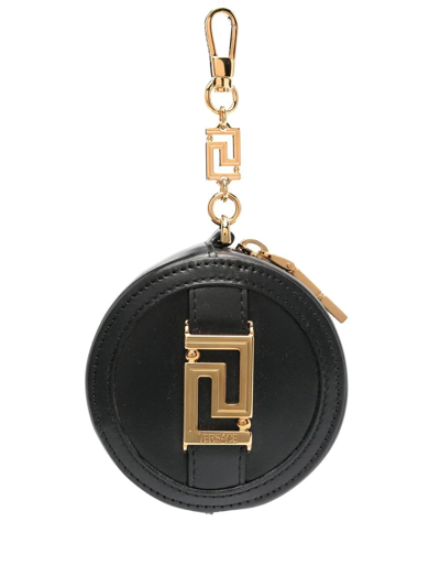 Shop Versace Greca Detachable Leather Coin Purse In Black