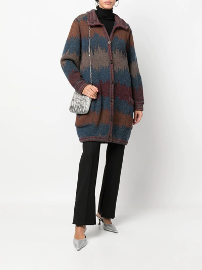 Pre-owned Missoni 1990s Abstract Pattern Chunky-knit Coat In Brown