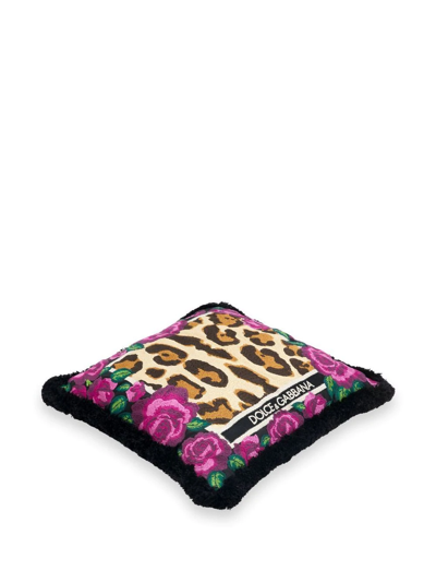 Dolce & Gabbana Pink Leopard Print Embroidered Small Cushion In Pink
