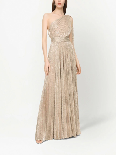 Shop Dolce & Gabbana Sequin-embellished One-shoulder Gown In Gold