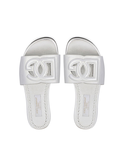 Dolce & Gabbana Perforated-logo Slides In Silver