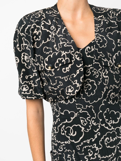 Pre-owned Chanel 1993 Camélia Print Short-sleeved Blouse In Black