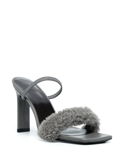 Shop By Far Shearling-strap Open Toe Mules In Grey