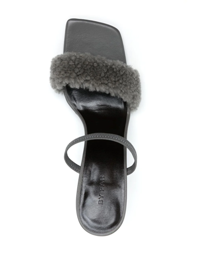 Shop By Far Shearling-strap Open Toe Mules In Grey