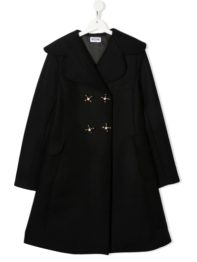 Shop Moschino Embroidered-logo Duffle Coat In Black