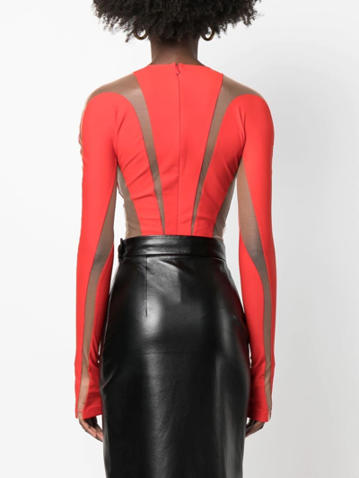 Shop Mugler Panelled Long-sleeve Sheer Bodysuit In Red