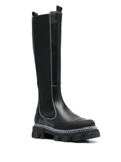 Shop Ganni Chunky Knee-high Leather Boots In Black