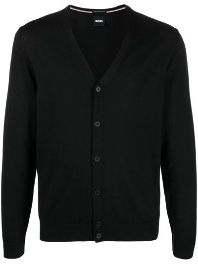 Shop Hugo Boss V-neck Virgin-wool Cardigan In Black
