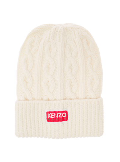 Shop Kenzo White Cable-knit Beanie Hat Man