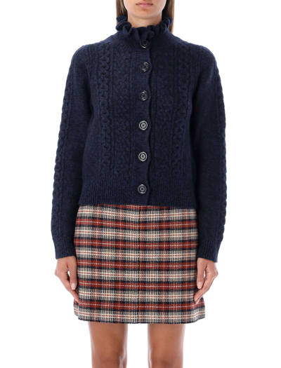 Shop See By Chloé Ruffle Neck Cardigan In Blue Black