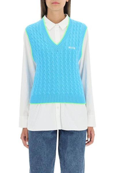 Shop Msgm V-neck Knitted Vest In Heavenly