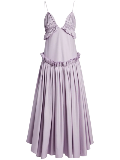 Shop Khaite Andrina Pleated Ruffled Midi Dress In Purple