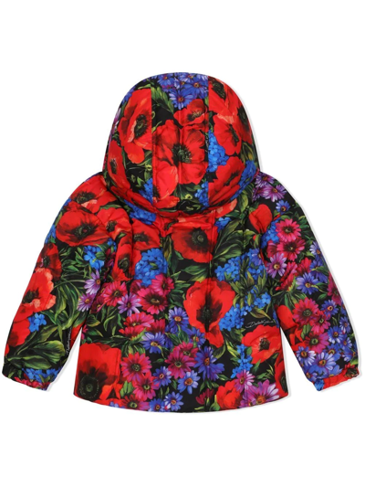Shop Dolce & Gabbana Floral-print Hooded Coat In Red