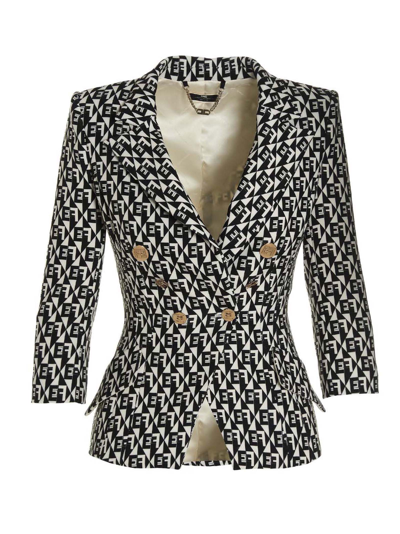Shop Elisabetta Franchi Double Breast Diamond Pattern Jacket In White/black