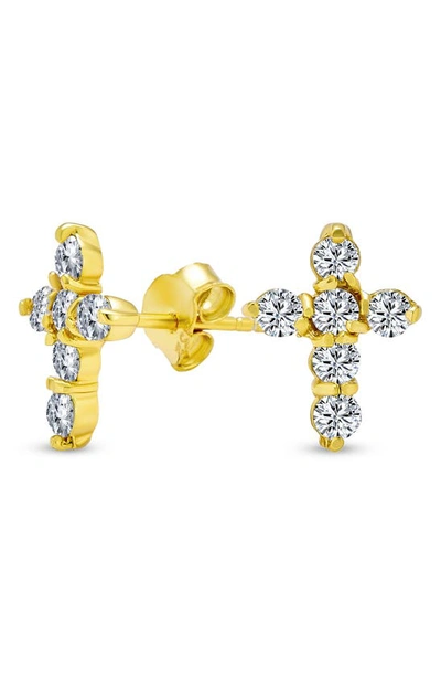 Bling Jewelry Gold Plated Sterling Silver Tiny Cubic Zirconia Cross Stud Earrings In Gold