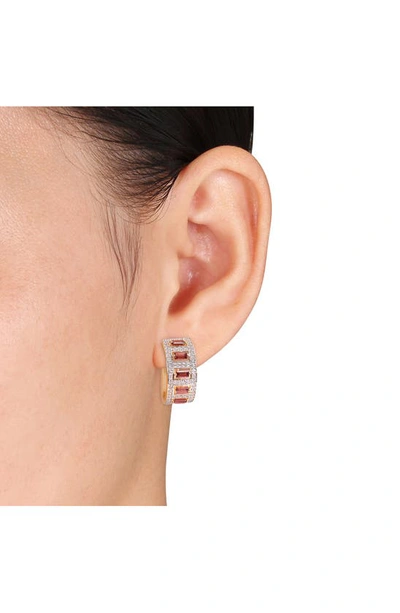 Shop Delmar Goldtone Plate Sterling Silver Garnet & White Topaz Hoop Earrings In Red