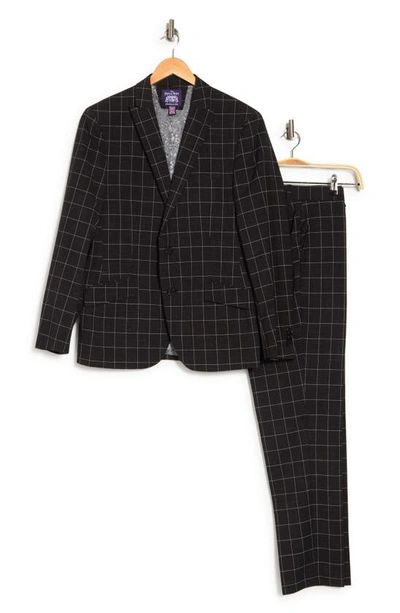 Savile Row Co Black Windowpane Plaid Two Button Peak Lapel Suit In Black