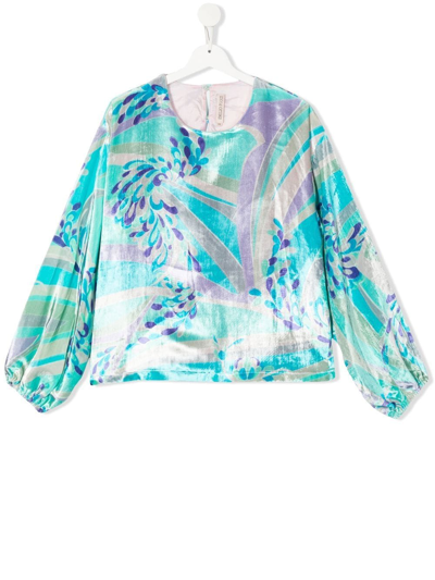 Shop Pucci Junior Abstract-print Velvet Blouse In Blue