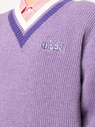 Shop Manors Golf The Open Embroidered V-neck Jumper In 紫色