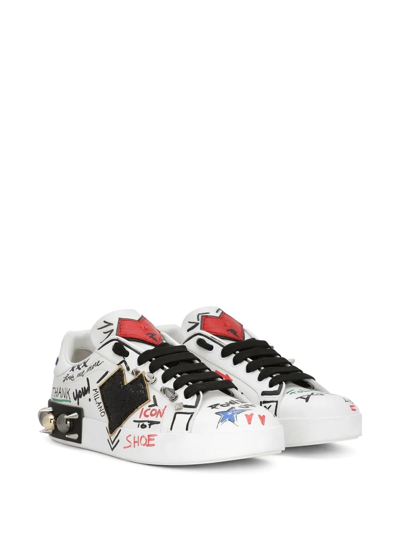 Dolce & Gabbana Printed Calfskin Portofino Sneakers With Patch In White