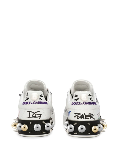 Dolce & Gabbana Printed Calfskin Portofino Sneakers With Patch In White